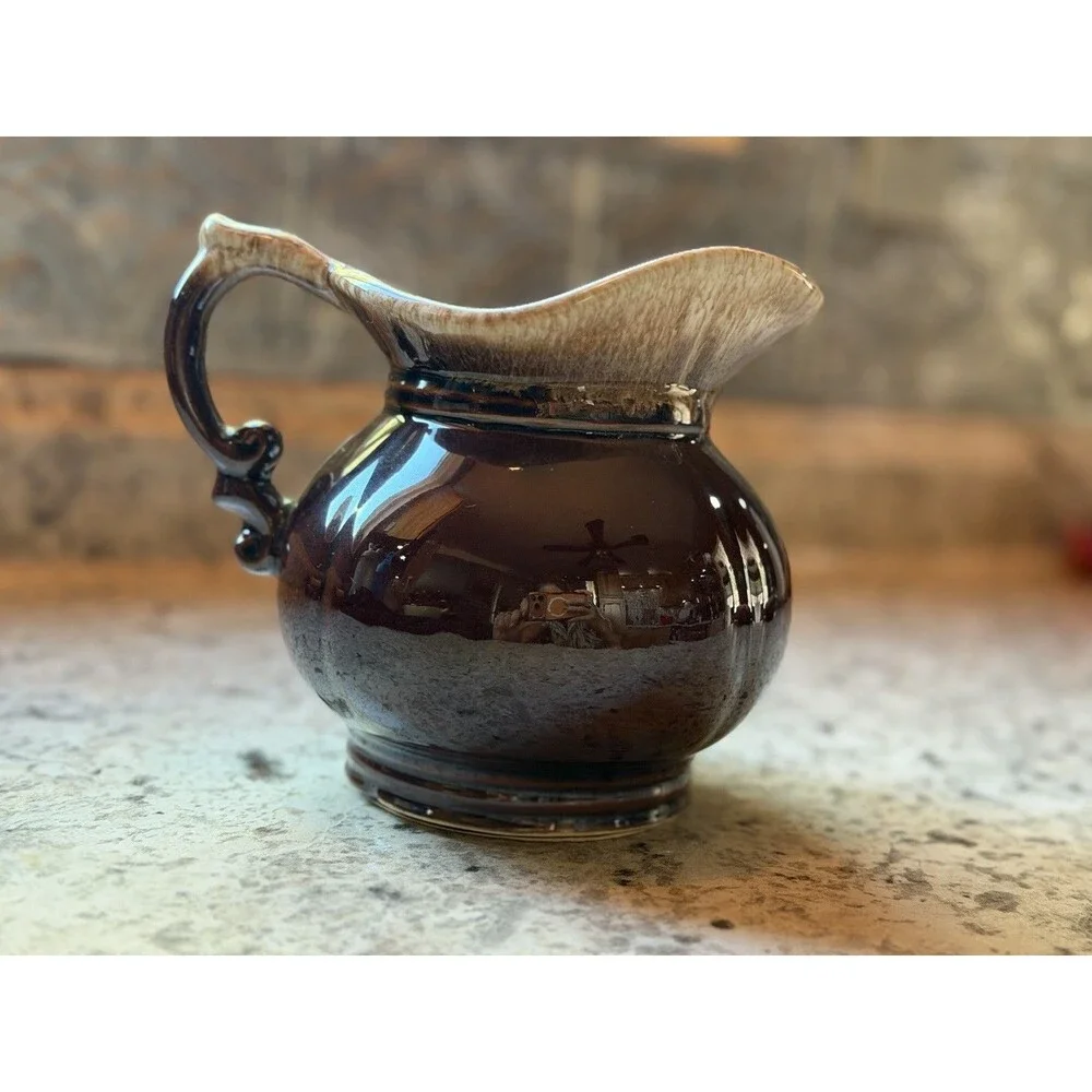Vintage McCoy Brown Drip Pottery Creamer & Underplate Set 7528 USA